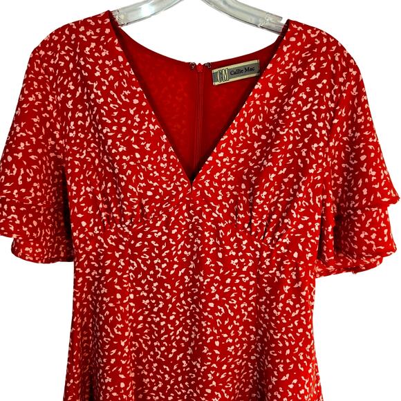 Callie Mac Women's Dress Small S Red Print Short  Sleeves  Sun Misses Size 4 6 - Picture 2 of 7